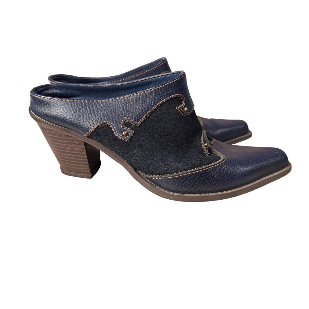 Navy Blue‎ Suede Western Mule Heels Pointed Toe Block Heel Studded Size 7
